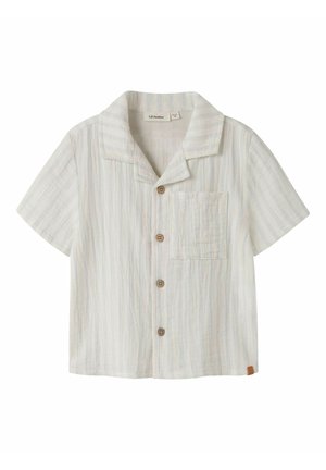 Košeľa na gombíky s krátkym rukávom, svetlo béžová s pruhmi, so zrezaným golierom a jedným náprsním vreckom.