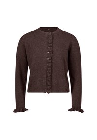 Cardigan marrone lavorato a maglia con collo rotondo, chiusura frontale con bottoni e dettagli arricciati lungo la patella e le maniche. Tessuto morbido, design aderente.