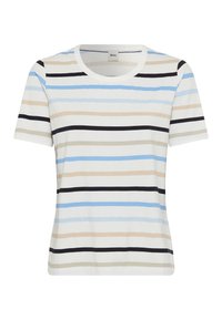 Kortærmet T-shirt i blød bomuld med horisontale striber i blå, beige og sort på en hvid baggrund. Rund hals design.