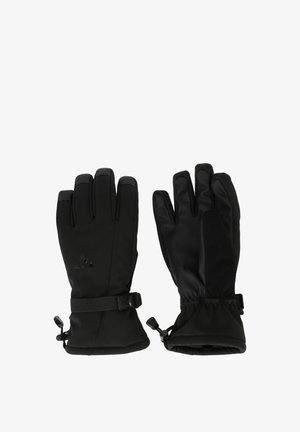 Gants noirs composés d'un mélange de tissu doux et de cuir. Comprend un bracelet de poignet sécurisé et un poignet ajustable pour l'isolation.