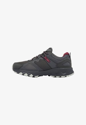 Gray athletic shoe with a textured upper, mesh panels, contrasting maroon accents, and a rugged white outsole with aggressive tread.