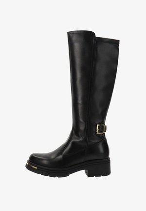 Knee-high black leather boots with a smooth finish, rectangular gold buckle accent, and a chunky black heel.
