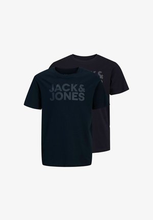 Camisetas negras de mezcla de algodón, con el texto audaz "JACK & JONES" en un tono ligeramente más claro. Diseño de manga corta y cuello redondo.