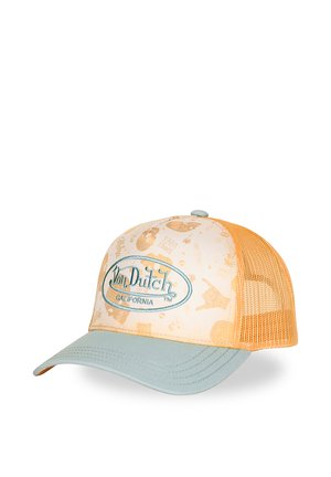 Gorra trucker Von Dutch California con visera azul claro, panel delantero beige con estampados gráficos y parte trasera de malla naranja.