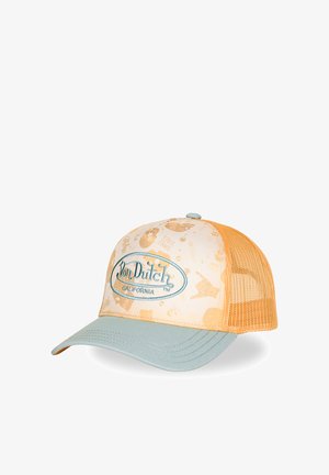 Gorra trucker Von Dutch California con visera azul claro, panel delantero beige con estampados gráficos y parte trasera de malla naranja.