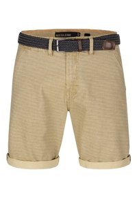 Shorts beige avec une texture côtelée, ourlets retroussés, et une ceinture tissée bleu marine avec des accents en cuir marron. La ceinture est munie d'une boucle en métal argenté.