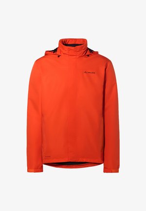 Giacca impermeabile arancione con colletto alto, cappuccio regolabile e dettagli neri. Presenta una cerniera frontale e un design elegante e minimale.