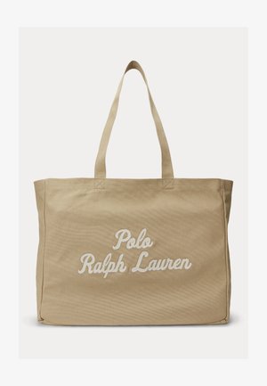 Beige canvas tote bag with two handles and "Polo Ralph Lauren" embroidered in white script on the front.