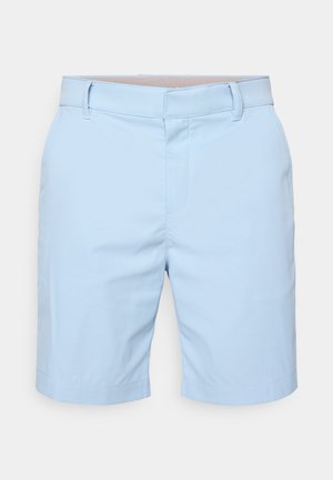 Pantaloni pantaloni corti azzurri chiari in tessuto liscio. Presentano una parte anteriore piatta con zip, passanti per la cintura e orli arrotolati per una finitura pulita.
