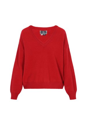 Red v-neck sweater made of soft knit material, featuring loose-fitting long sleeves and ribbed cuffs and hem. Clean design, no patterns.