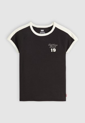 Black short-sleeve t-shirt with white accents at the collar and sleeves. Features embroidered text "Two Horse Brand" and number "19." Cotton material.