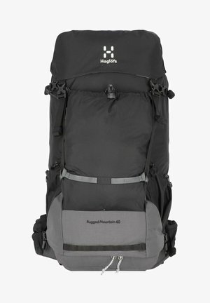 Sac à dos de randonnée noir et gris avec des bretelles ajustables, un sommet à cordon de serrage et le texte "Rugged Mountain 60" sur le panneau avant.