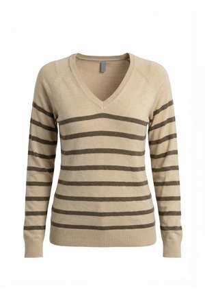 Maglione beige con scollo a V, maniche lunghe e strisce orizzontali marrone scuro su corpo e braccia, polsini e orlo a coste.