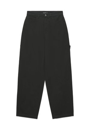 Pantalon noir à jambes larges avec fermeture avant par bouton et fermeture éclair, passants de ceinture, poche latérale et poches avant standard.