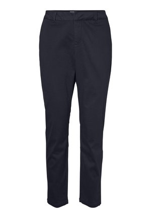 Donkerblauwe rechte broek met een taille die middenhoog is en riemlussen, getoond tegen een witte achtergrond.