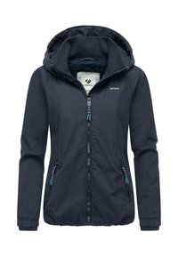 Veste légère bleu marine avec capuche, fermeture éclair frontale et poignets élastiques. Comprend des poches zippées avec des accents turquoise et une doublure intérieure douce.