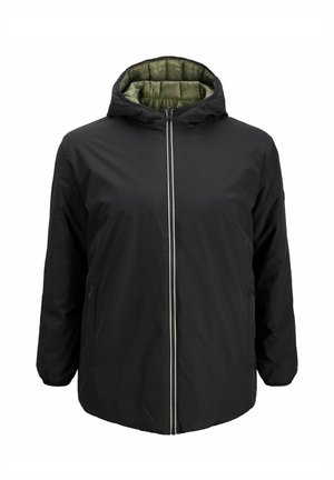 Zwarte kapjas met een ritssluiting aan de voorkant en een groen doorgestikt interieur, voorzien van elastische manchetten en zijzakken.