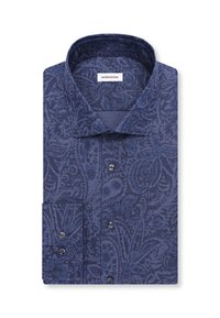 Chemise à manches longues boutonnée pliée, bleu foncé avec un motif paisley subtil et un col standard.