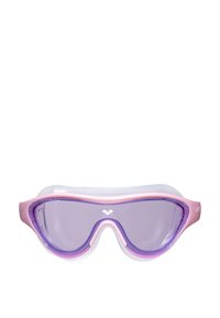 Roze zwemgoggles met een transparant frame en paarse getinte lenzen. Heeft een zachte silicone afdichting en een breed ontwerp voor effectieve onderwaterzichtbaarheid.