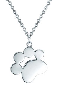 Sølv halskæde med et poteprint vedhæng med afrundede former og udskæringer, hængende fra en kæde med sammenkoblede led.