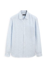 Lichtblauwe lange mouwen button-up shirt met subtiele verticale strepen en een puntige kraag, gepresenteerd tegen een witte achtergrond.