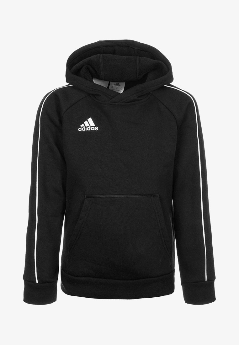 Felpa nera con cappuccio Adidas con logo bianco sul petto, strisce bianche lungo le maniche e tasca a marsupio frontale.