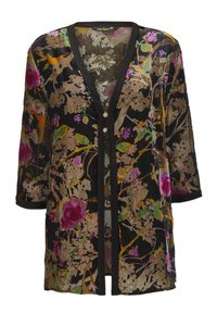 Durchsichtiger schwarzer Kimono-Cardigan mit floralen Mustern in Lila, Grün und Gold, V-Ausschnitt, schwarzem Saum und drei dekorativen Knöpfen.