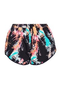 Bañador negro con un vibrante patrón tropical en rosa, naranja y azul aguamarina. Cuenta con una cinturilla elástica y cordón ajustable.