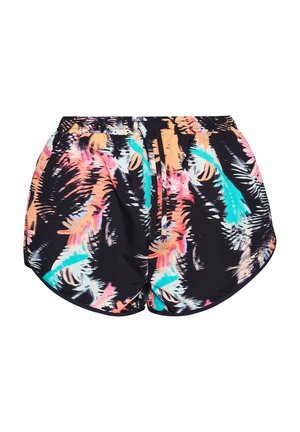 Sorte badeshorts med et livligt tropisk mønster i pink, orange og teal. Har elastisk talje og snøring for justering.