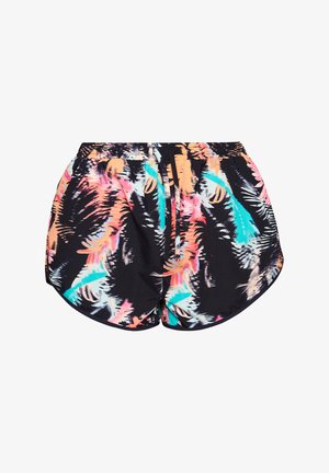 Black swim shorts with a vibrant tropical pattern in pink, orange, and teal. Features an elastic waistband and drawstring for adjustability.