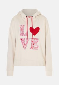Cream-colored hooded sweatshirt with red drawstrings. Features the word "LOVE" in large pink and red letters, including a red heart accent.