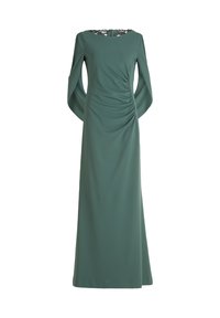 Langes grünes Kleid aus glattem Stoff, mit langen Ärmeln, einem gerafften Design an der Vorderseite und einer Spitzenverzierung auf der Rückseite.