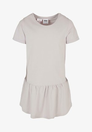 Šviesiai rožinė trumpa suknelė su trumpomis rankovėmis, pagaminta iš medvilnės audinio, su apvaliu iškirpimu, susirinkusia juosmens dalimi ir raukiniais apatine suknelės dalimi. Paprastas dizainas be raštų ar akcentų.