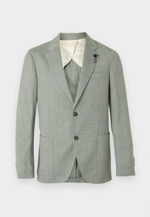 Lysegrå blazer lavet af vævet stof. Har to forlommer, to knapper, hakkede revers og en kontrasterende cremefarvet inderforing.