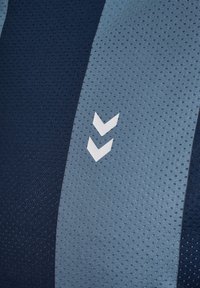 Marineblauwe en lichtblauwe gestreepte sportstof met een gestructureerd oppervlak en een wit logo met twee naar beneden wijzende pijlen.