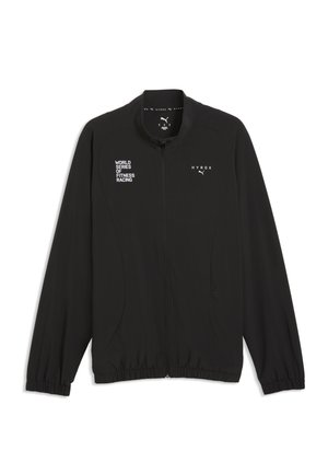 Veste de sport noire zippée avec logos et texte blancs Puma et Hyrox "World Series of Fitness Racing" sur la poitrine avant.