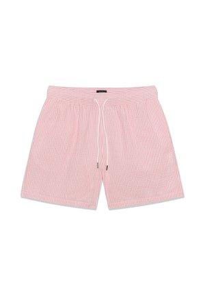 Pantaloni da bagno corti a righe rosse e bianche in cotone. Presentano un elastico in vita con cordoncino e dettagli decorativi in metallo.