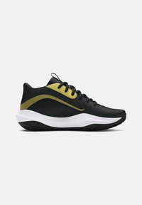 Scarpa sportiva nera con accenti gialli, materiale sintetico liscio, punta arrotondata, colletto imbottito e suola texturizzata bianca e nera.