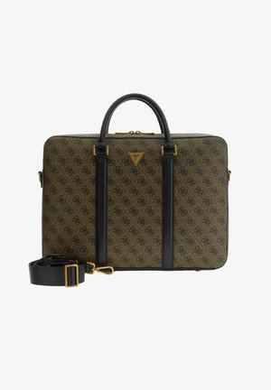 Schwarze und braune Laptop-Tasche mit Muster, goldfarbenen Beschlägen, oberen Griffen und abnehmbarem Riemen. Vorne ein dreieckiges Logo.