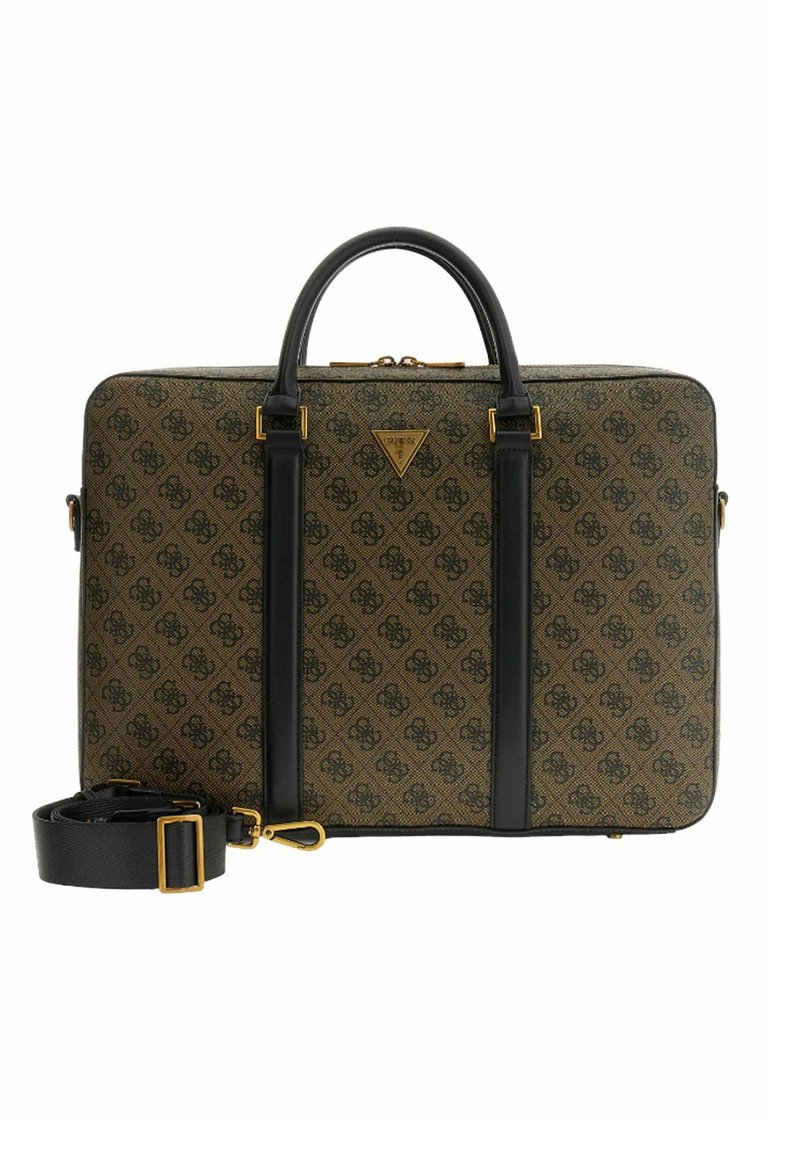 Bolsa para portátil con patrón en negro y marrón, herrajes dorados, asas superiores y correa desmontable. Presenta un logo triangular en el frente.