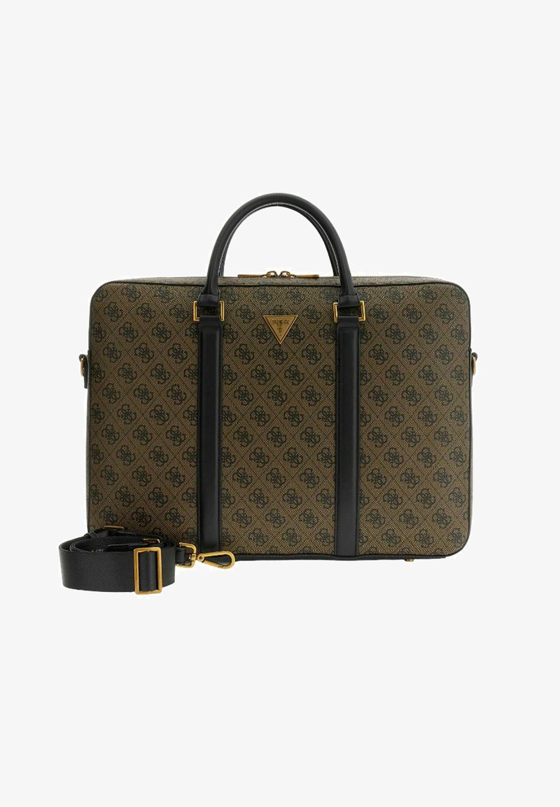 Bolsa para portátil con patrón en negro y marrón, herrajes dorados, asas superiores y correa desmontable. Presenta un logo triangular en el frente.