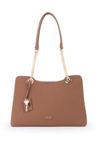Borsa a tracolla marrone con texture, dotata di manico a catena dorata, caratterizzata da accessori circolari in oro e un dettaglio con chiave pendente. L'etichetta del marchio è visibile.