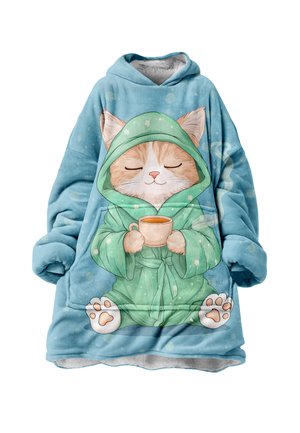 Übergroßer blauer Blanket-Hoodie mit einer Katzenillustration in einem grünen Gewand, inklusive einer Tasse und Pfoten-Details. Aus weichem, flauschigem Material.
