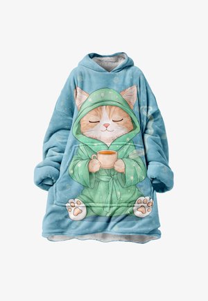 Oversized blue blanket hoodie, featuring a cat illustration in a green robe, with a cup and paw details. Soft, fuzzy material.