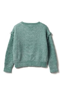 Pletený zelený svetr s texturovaným kabelkovým vzorem, kulatým výstřihem a třásněmi na ramenou. Měkká tkanina a zkrácený střih.