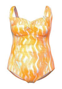 Eéndelige zwemkleding met levendige oranje en witte golvende patronen, verstelbare schouderbandjes en een gerimpelde bovenzijde voor een flatterende pasvorm.