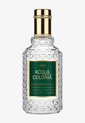 Klares, strukturiertes Glasfläschchen mit goldfarbenem Verschluss, grünem Etikett mit der Aufschrift "Acqua Colonia Blood Orange & Basil" Parfüm.