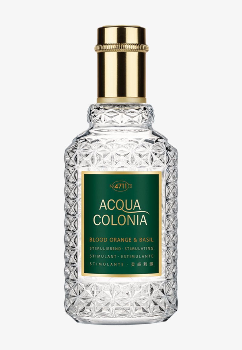 Klares, strukturiertes Glasfläschchen mit goldfarbenem Verschluss, grünem Etikett mit der Aufschrift "Acqua Colonia Blood Orange & Basil" Parfüm.