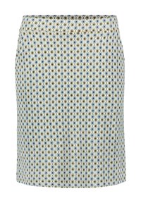 Jupe à motif avec un design géométrique en bleu, vert et crème. Confectionnée dans un tissu à la texture lisse et coupe droite.