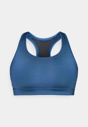 Blue racerback sports bra with mesh panel on the back, designed for support and breathability during physical activities.